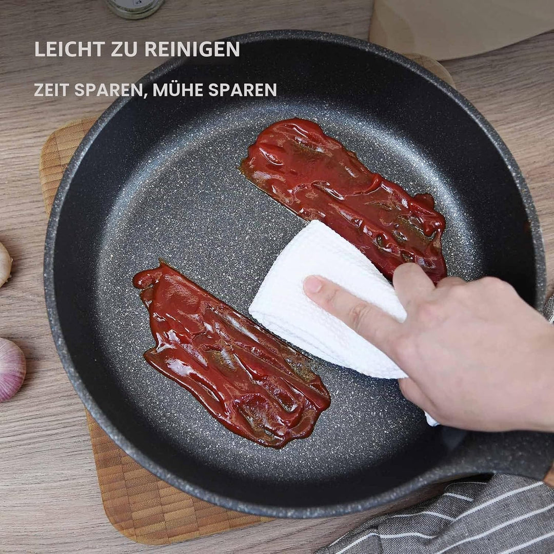 diig Antihaft Pfanne 28cm, Bratpfanne Flachpfanne mit Deckel, Aluminium Gusspfanne, anthrazit Marble