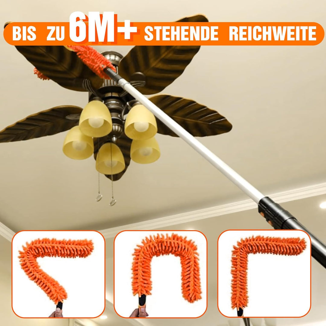 6M Staubwedel Teleskop Waschbar, Spinnwebenbesen mit Teleskopstiel, Fensterabzieher zum Reinigen von
