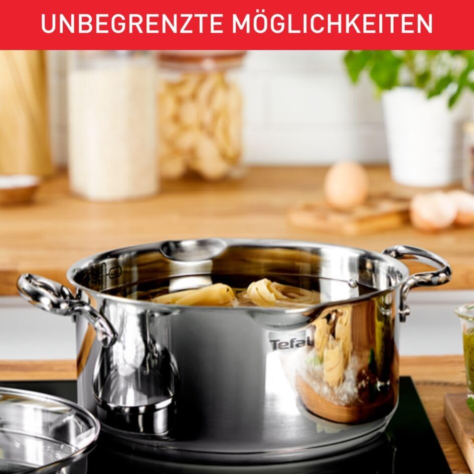 Tefal Duetto + 3 Töpfe 16/20/24 cm, 1 Stielkasserolle 16 cm aus Edelstahl, 3 Glasdeckel, Messmarkier