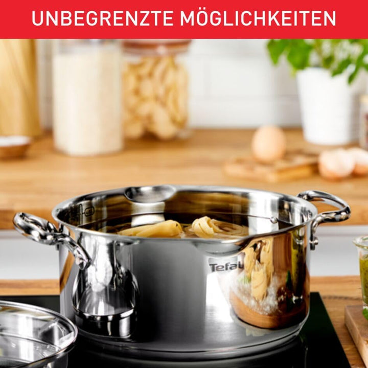Tefal Duetto + 3 Töpfe 16/20/24 cm, 1 Stielkasserolle 16 cm aus Edelstahl, 3 Glasdeckel, Messmarkier