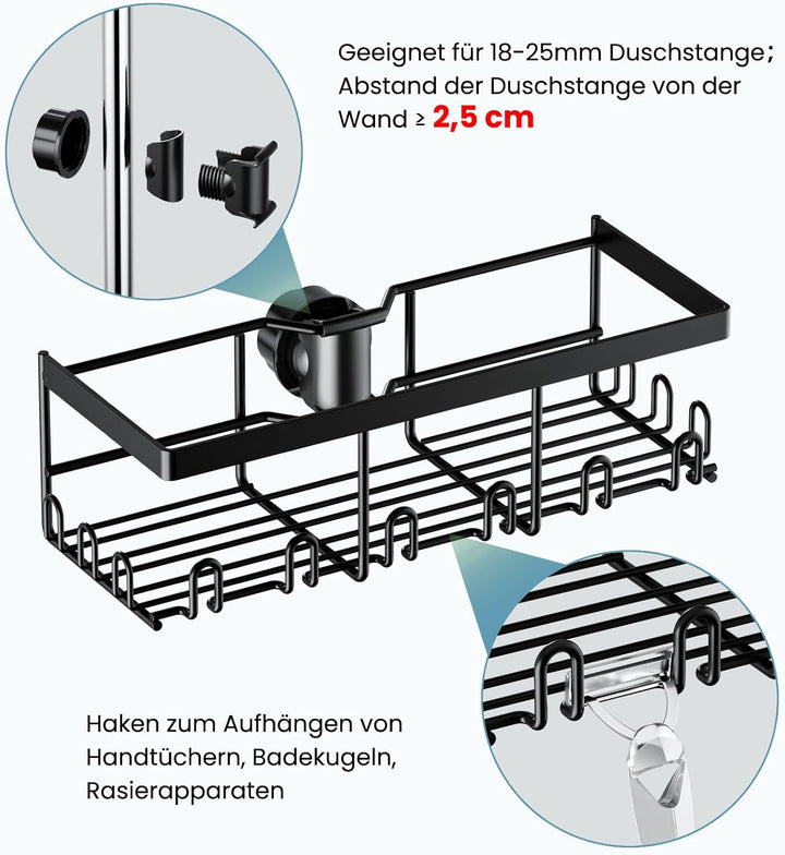 Duschablage Ohne Bohren, 2 Stück Duschregal für RUNDE Stangen 18mm-25mm Duschstange (Nicht für Quadr