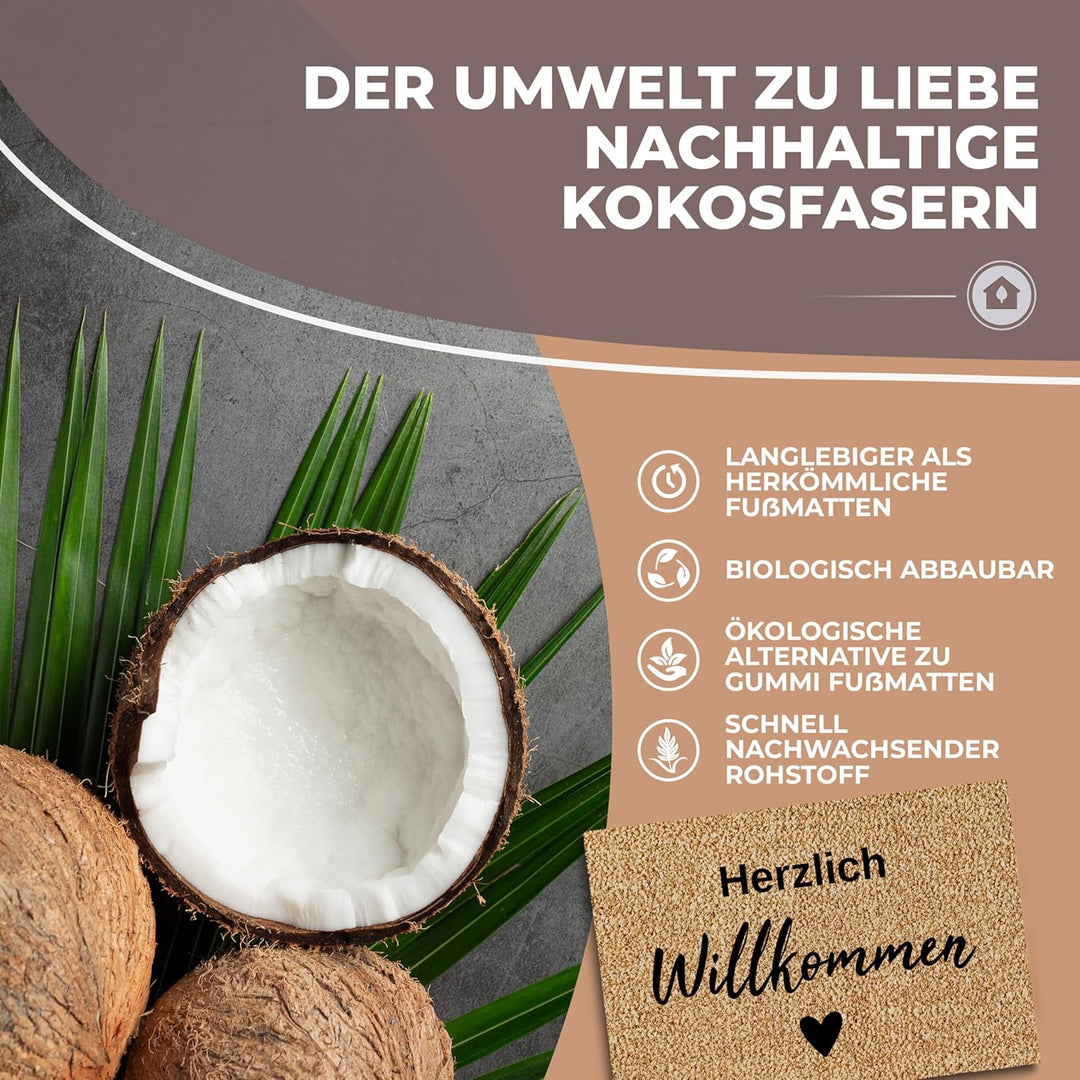 Kokos Fussmatte 60x40 Willkommen I Extra langlebige & rutschfeste Kokosmatte I Für Innen & Überdacht