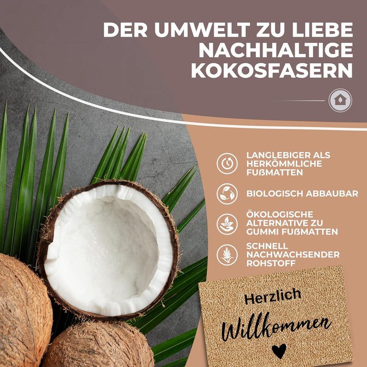 Kokos Fussmatte 60x40 Willkommen I Extra langlebige & rutschfeste Kokosmatte I Für Innen & Überdacht