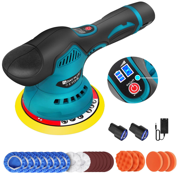 Poliermaschine 12V Akku Exzenter Polierer 2800-5500RPM, 12mm Exzenter Akku Poliermaschine mit LCD-Bi