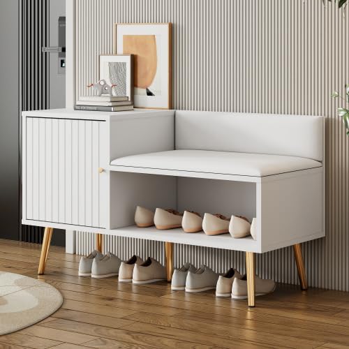 Merax Schuhbank mit Sitzfläche – Luxus Schuhregal mit gepolsterter Sitzbank und Rückenlehne, Metallg