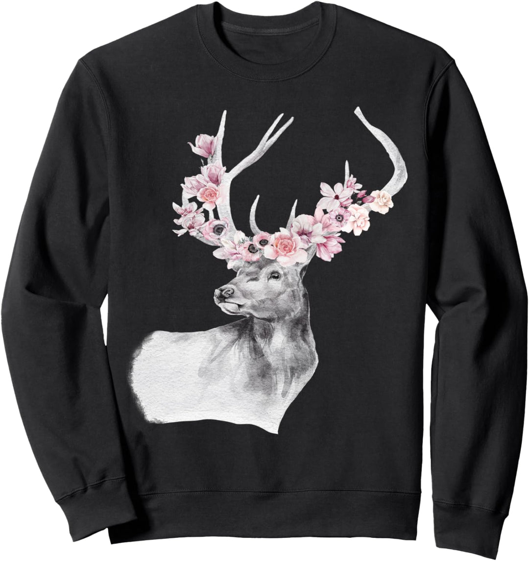 Hirschgeweih Geschenke Blumen Aquarell Schwarz Sweatshirt