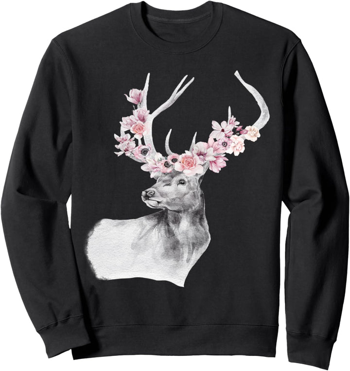 Hirschgeweih Geschenke Blumen Aquarell Schwarz Sweatshirt