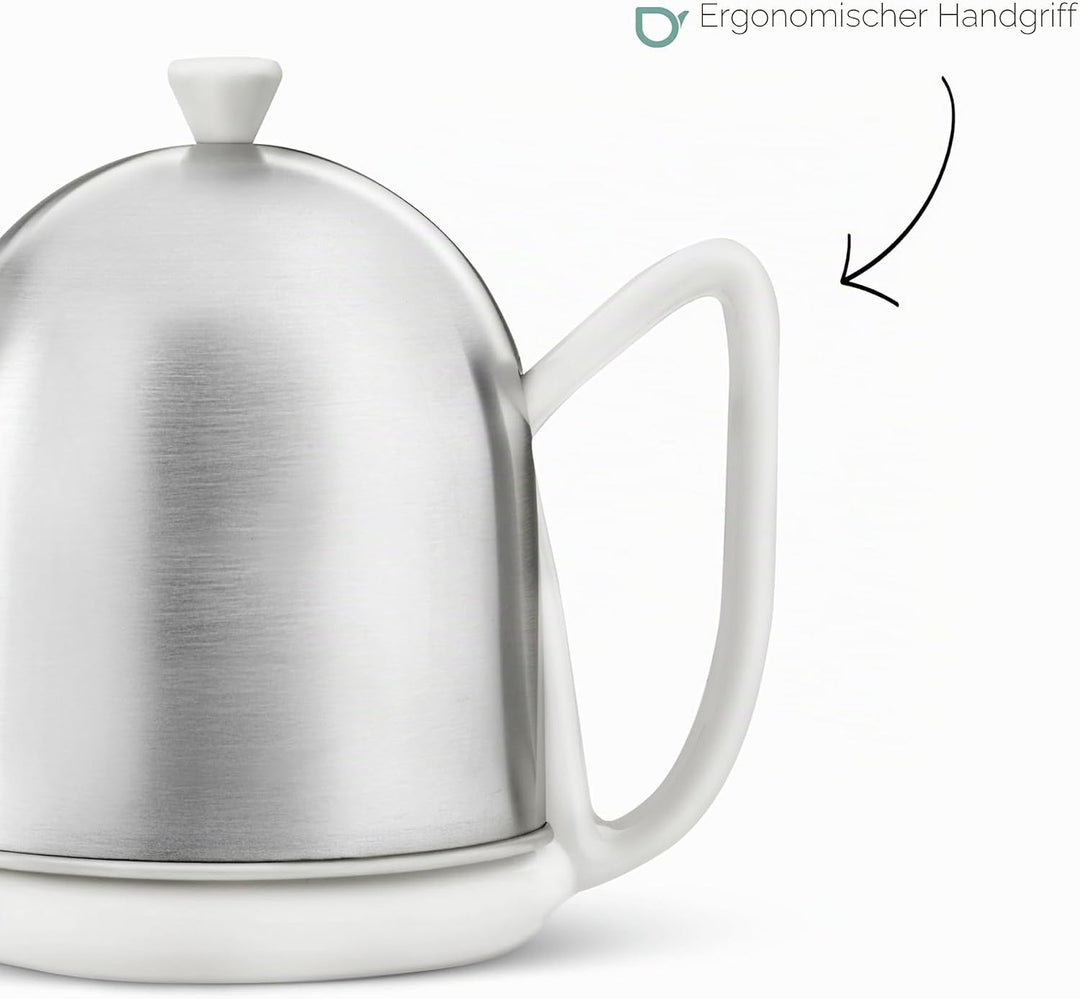 Bredemeijer kleine weisse Matte Keramik Teekanne 1.0 Liter mit Edelstahlhaube Weiss 1 l, Weiss 1 l