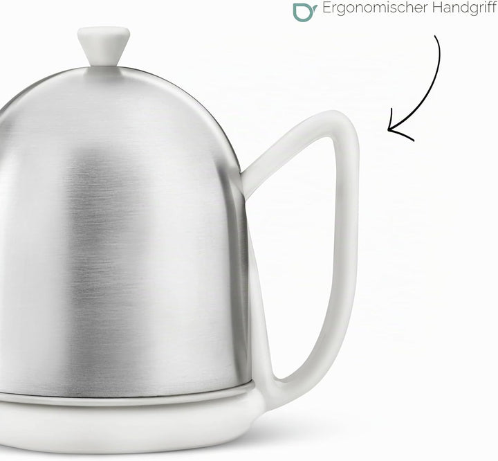 Bredemeijer kleine weisse Matte Keramik Teekanne 1.0 Liter mit Edelstahlhaube Weiss 1 l, Weiss 1 l