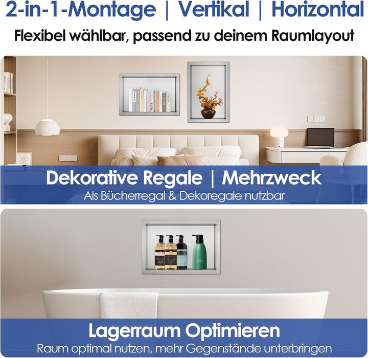 ROVOGO 45 x 30 x 10 cm Wandnische Dusche Edelstahl 304, Eingebettete Duschnische Einzelregal Lagerun