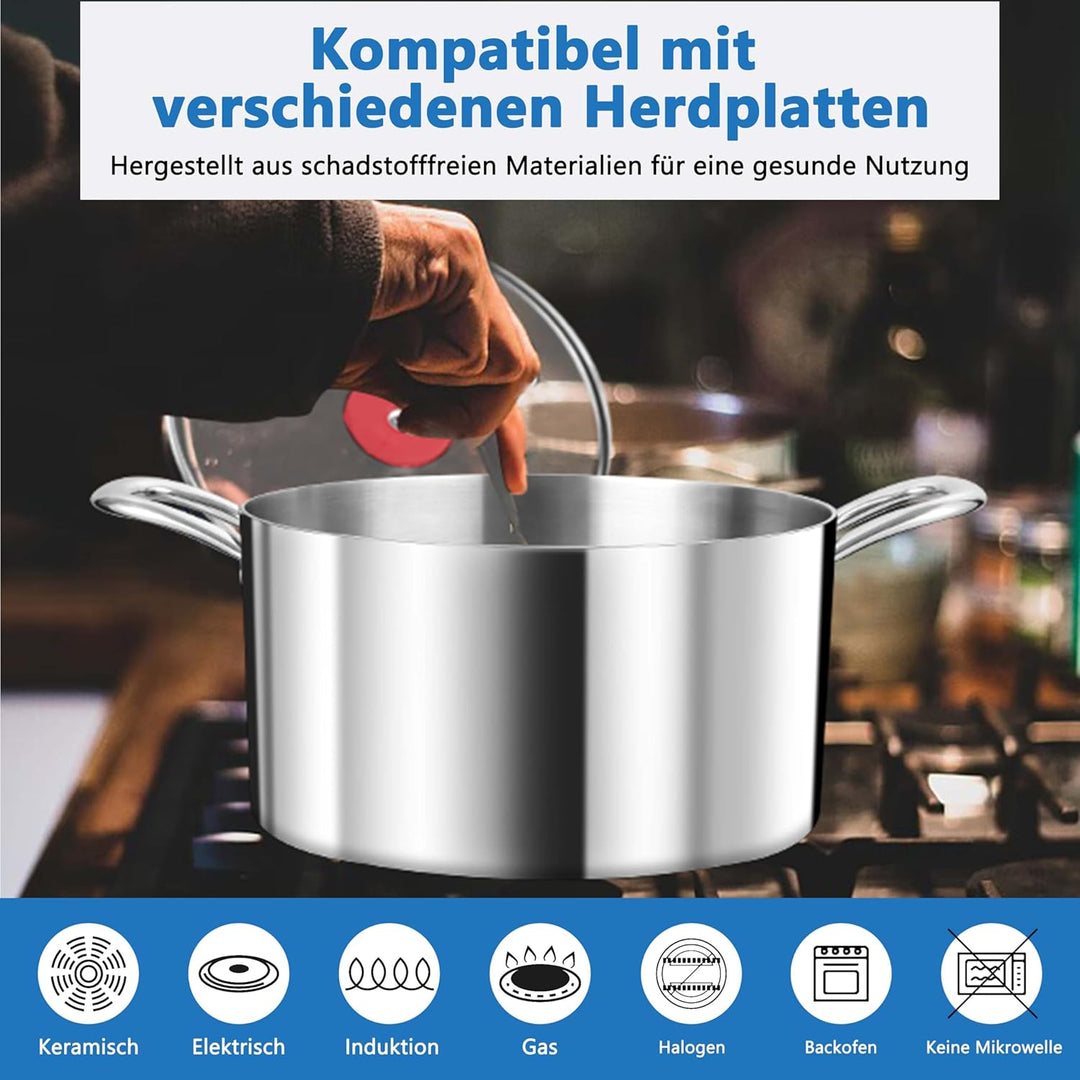 TEAMFAR Kochtopf Gross 24cm, 3-Lagen Edeastahl 5,7L Topf mit Glasdeckel für alle Herdarten, Suppento