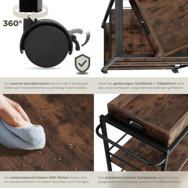 tectake® Servierwagen mit Rollen, abnehmbares Tablett, Kitchen Trolley 65 x 41,5 x 87 cm, Küchenwage