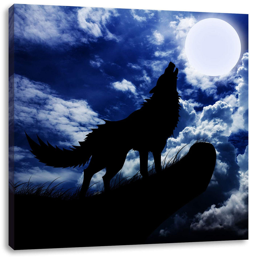 Wolf im Mondschein, Format: 70x70 auf Leinwand, XXL riesige Bilder fertig gerahmt mit Keilrahmen, Ku