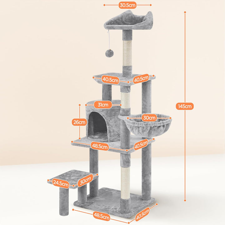 Yaheetech Kratzbaum Katzenkratzbaum 145 cm Stabiler Katzenbaum mit Aussichtsplattform Liegemulde Sis