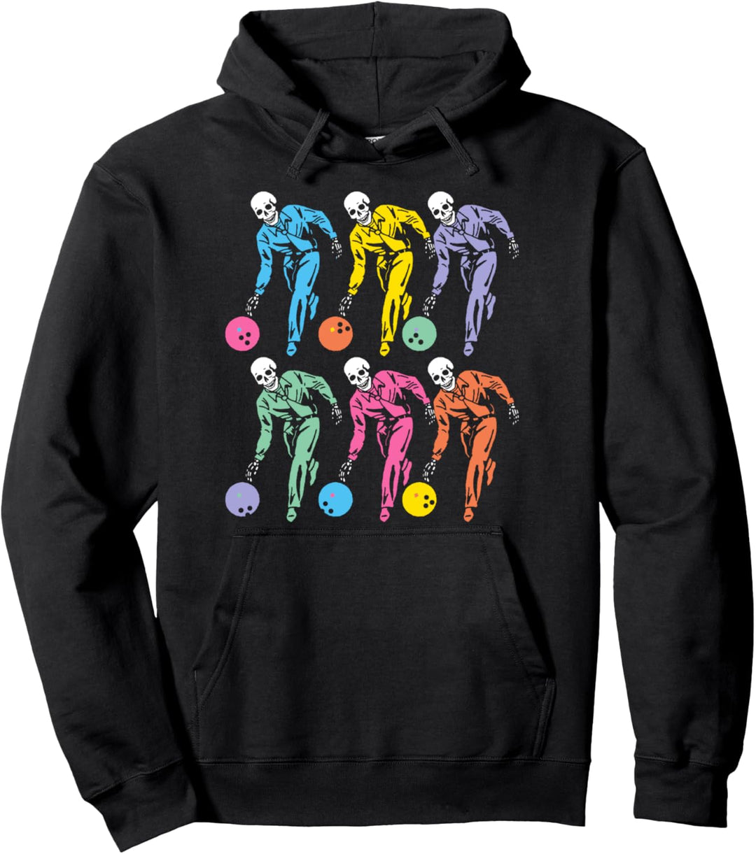Vintage Bowling Skeleton Retro Pop Art Bowler Skull 80s Pullover Hoodie