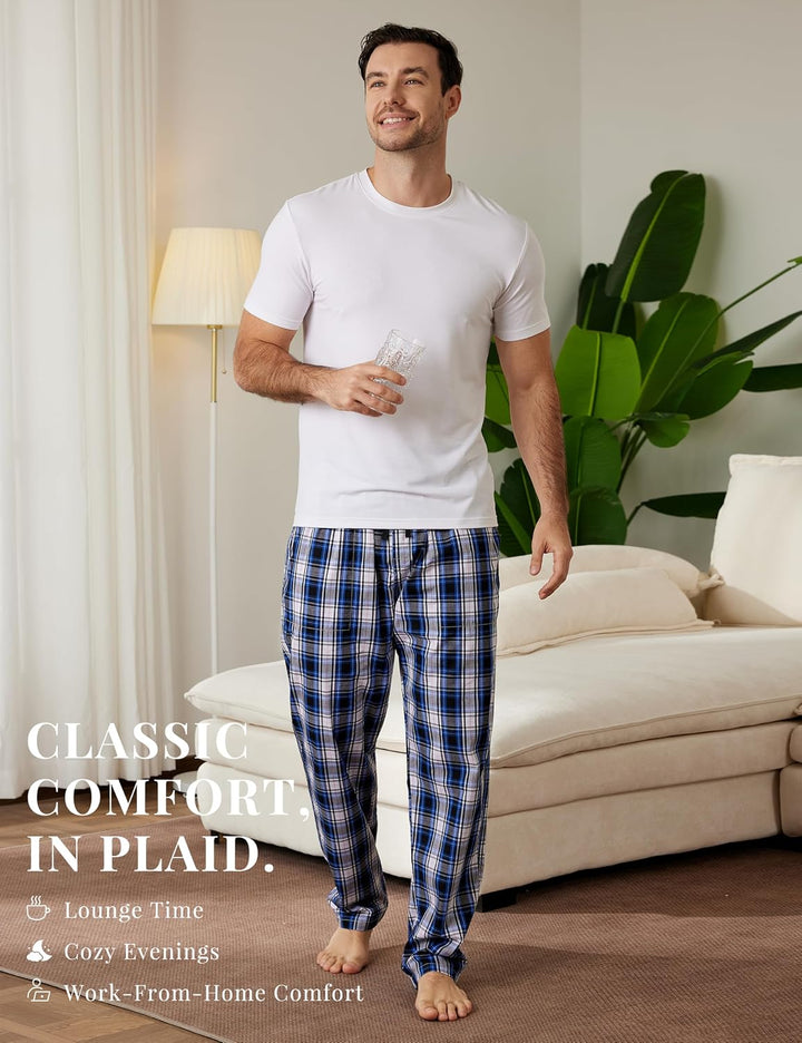 MoFiz Herren Schlafanzughose Baumwolle und Polyester Pyjamahose Lange Karierte Freizeithose Loungeho