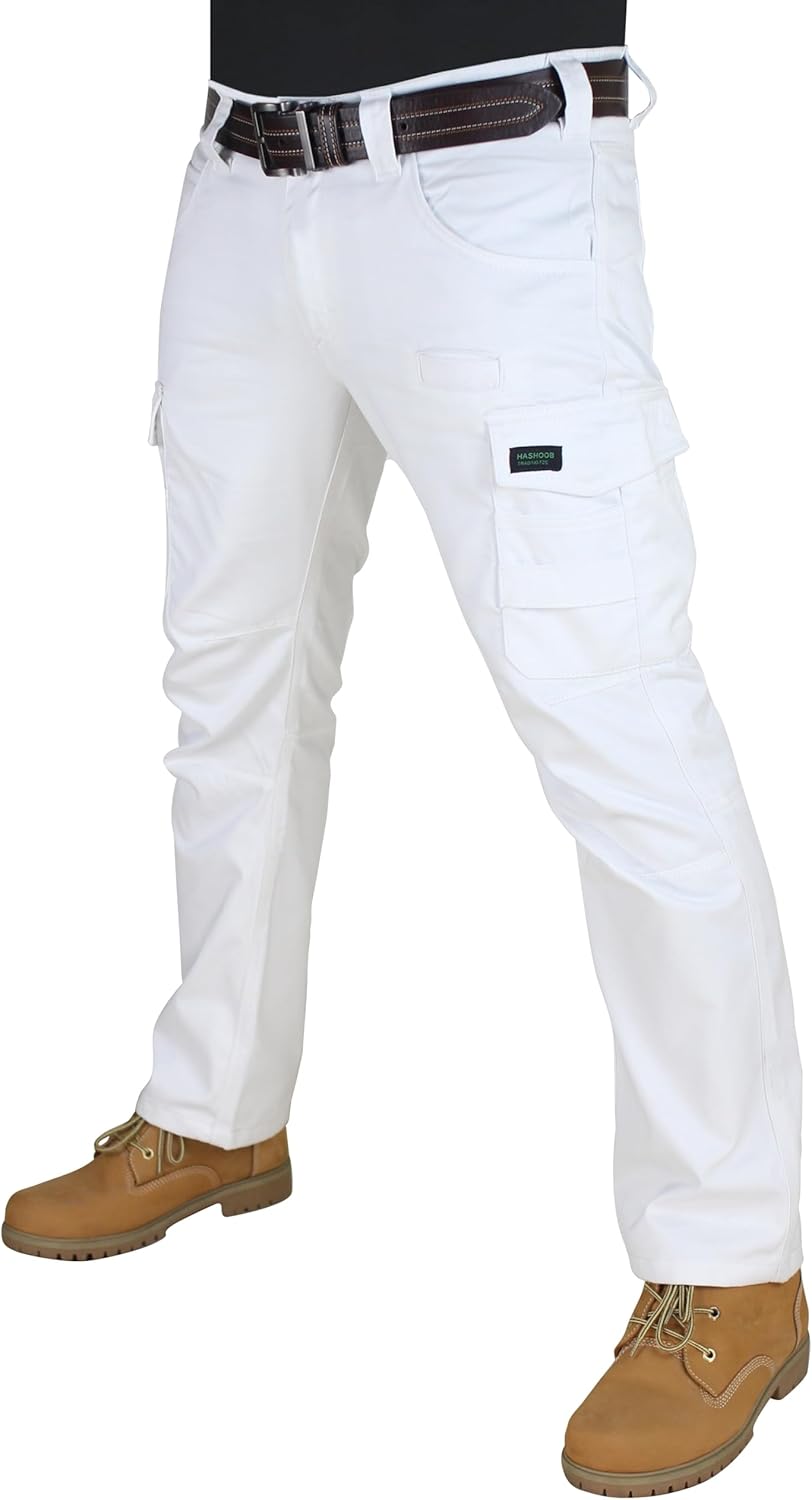 HASHOOB Herren Arbeitshose Maler Dekorateure Weisse Cargohose Pants Weiss-8 36W / 34L, Wei&#xDF;-8 3