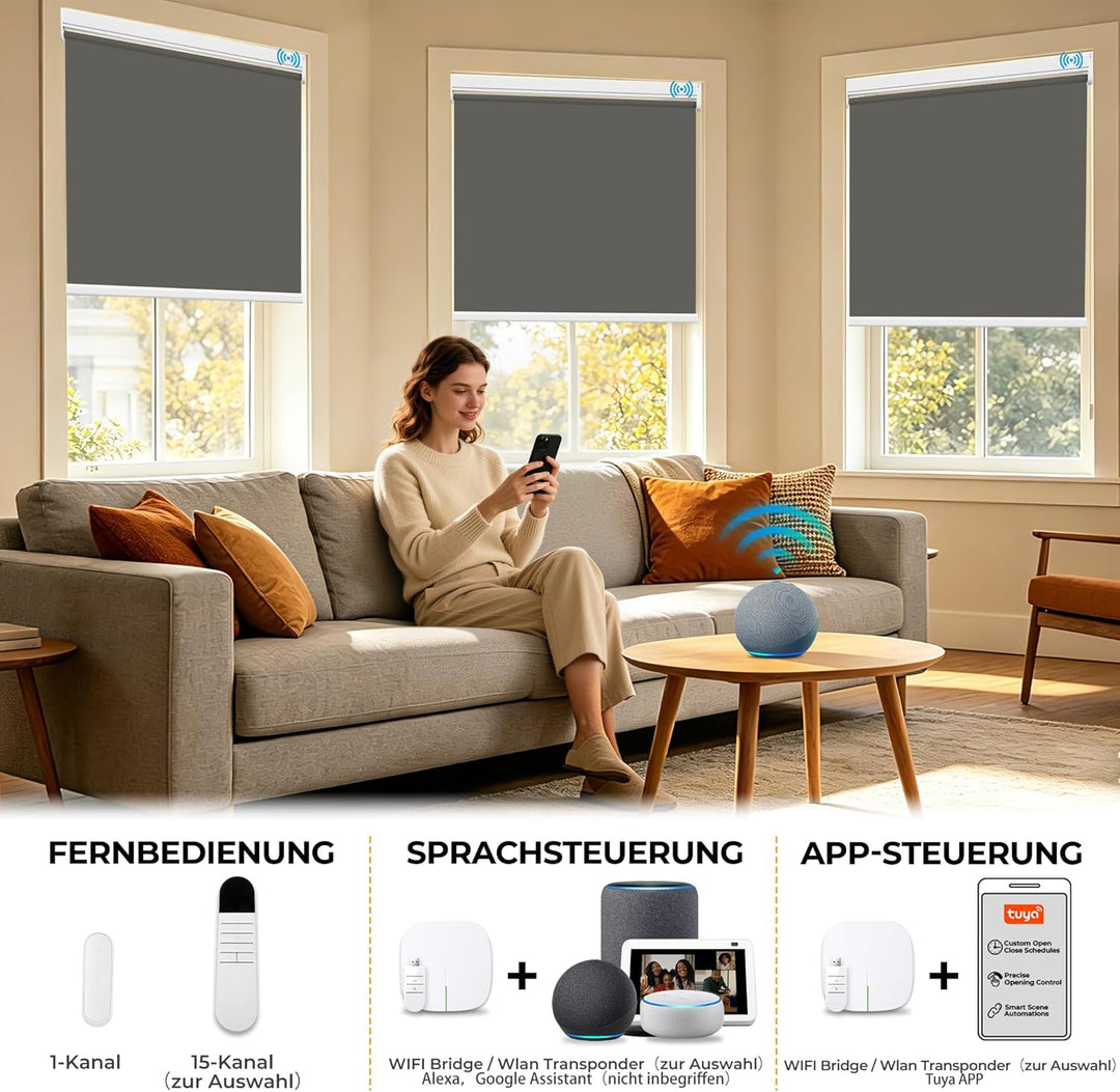 HOMEDEMO M100 Elektrische Rollos Verdunkelungsrollo mit Motor &amp; Fernbedienung, Dunkelgrau 75x100cm(B