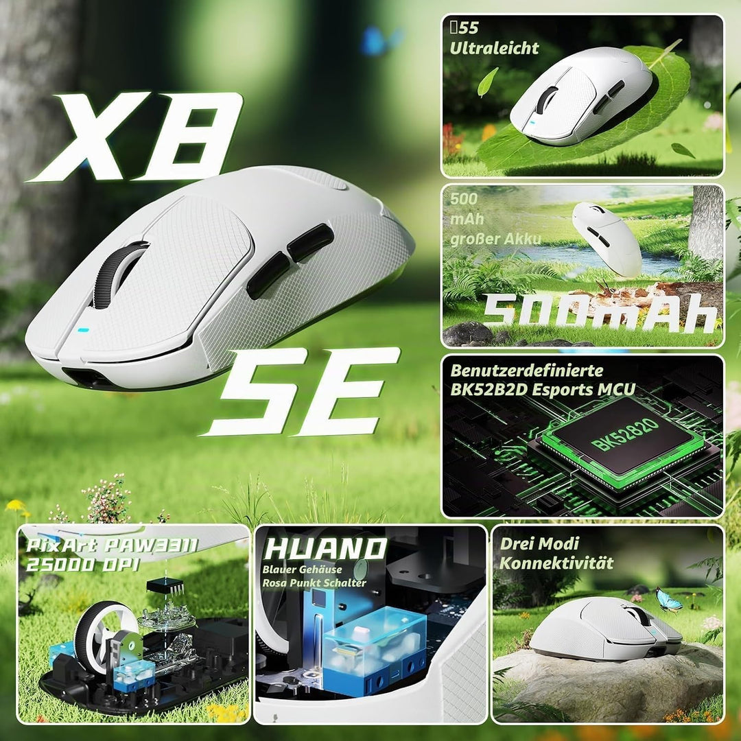 ATTACK SHARK X8 SE Kabellose Gaming-Maus, 55g Ultraleicht, PAW3311 Sensor, BK52820 Chip, 25.000 DPI,