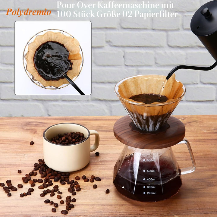 Pour Over Kaffeebereiter, 600 ml Borosilikatglas-Karaffe mit 100 Stück Papierfilter Grösse 02, Walnu