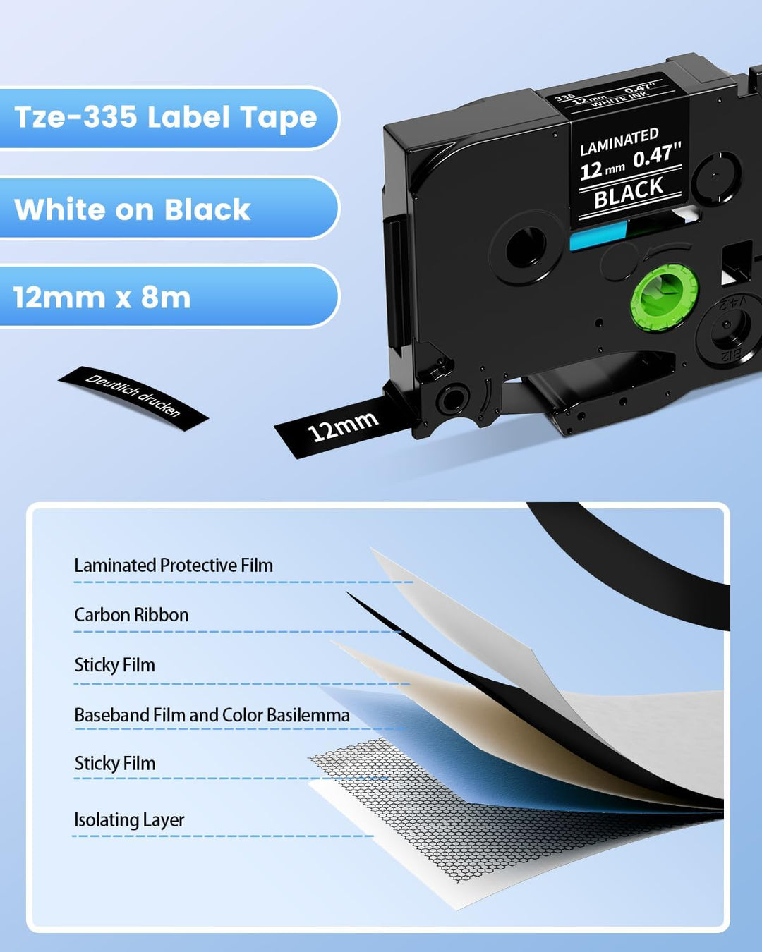 TZe-335 Schriftbänder 12mm Schwarz, Tze335 Tze 335 Kompatibel mit Brother P-Touch Beschriftungsgerät