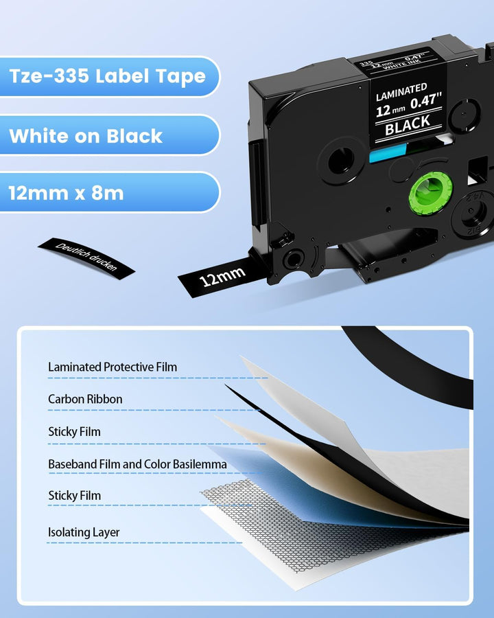 TZe-335 Schriftbänder 12mm Schwarz, Tze335 Tze 335 Kompatibel mit Brother P-Touch Beschriftungsgerät