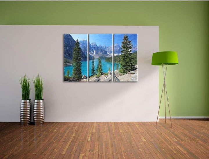 Pixxprint Moraine Lake kanadische Berge Kunst Buntstift Effekt 3-Teiler Leinwandbild 120x80 Bild auf