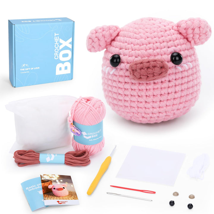 CrochetBox Komplettes Häkelset für Anfänger, Schwein Häkelset, Video-Tutorial einbeziehen, Anleitung