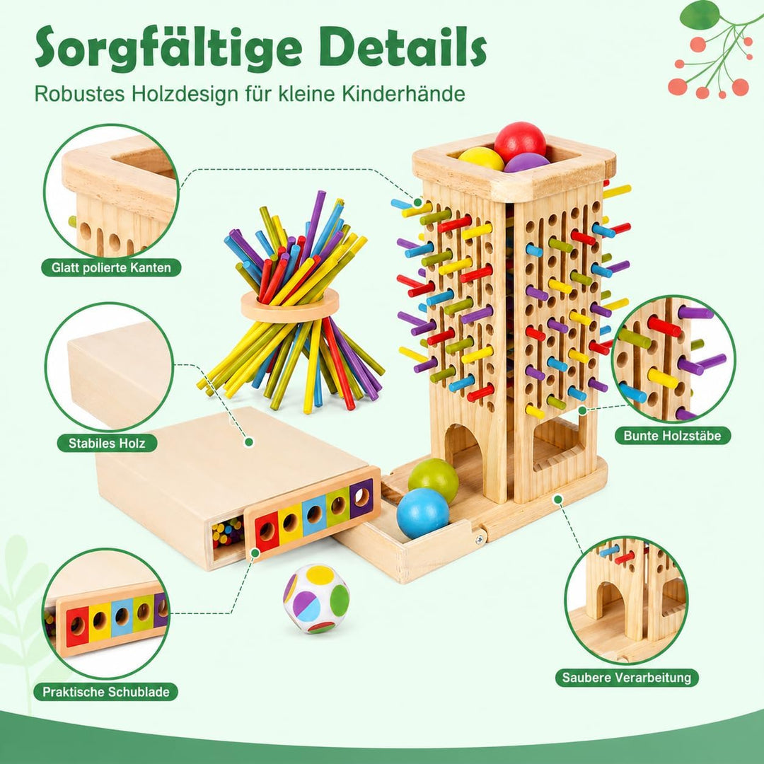 3-in-1 Montessori Spielzeug ab 3 Jahre, Holz Brettspiel mit Stäben | 40 Holzstäbe, Holzbox, Kugelfal