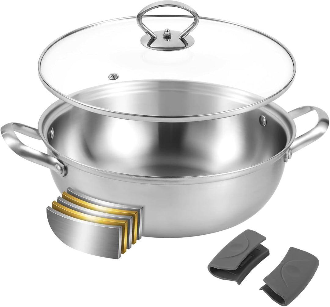 Edelstahlpfanne 28Cm, 5-lagige Suppentopf mit Klarglasdeckel, Edelstahlpfanne Unbeschichtet mit verb