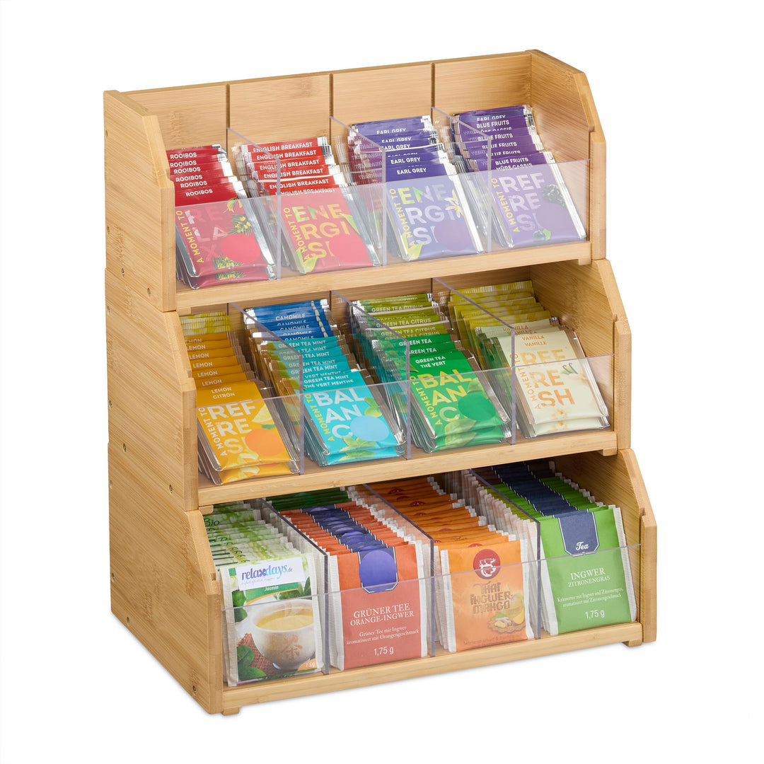 Relaxdays Tee Organizer, 12 Fächer, Bambus, HBT: 36x31x19 cm, Tee & Kaffeepads, Teebeutelbehälter mi