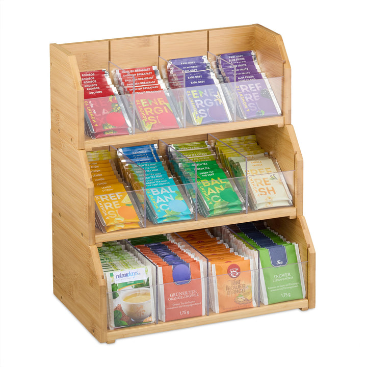 Relaxdays Tee Organizer, 12 Fächer, Bambus, HBT: 36x31x19 cm, Tee & Kaffeepads, Teebeutelbehälter mi