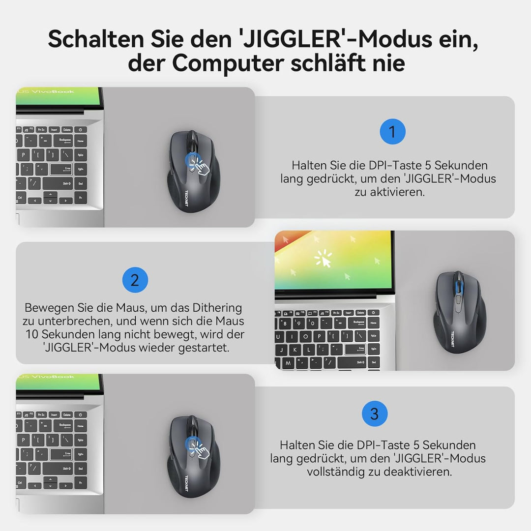 TECKNET Bluetooth Maus mit Jiggler, Wiederaufladbare Maus Kabellos(DREI Modi: BT 5.0/3.0 + 2.4G), 48