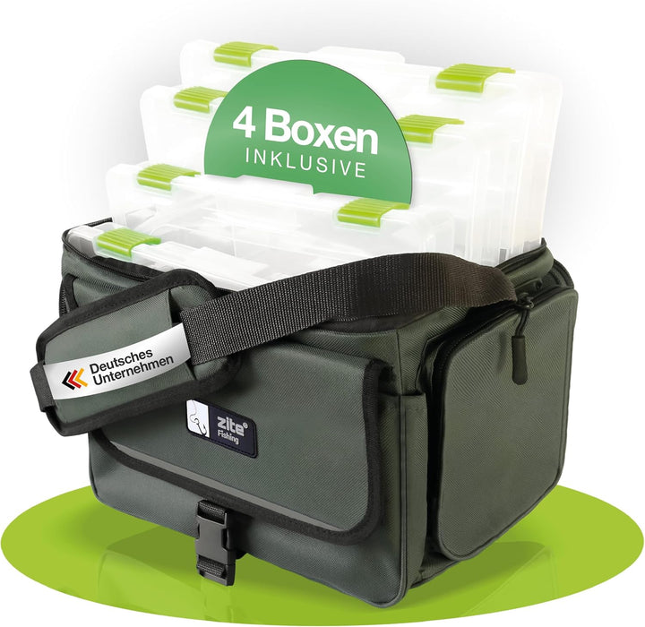 Zite Fishing Angeltasche mit 4 Tackle-Boxen – Angelkoffer Forellen-Tasche Angeln 35cm – System Bag U