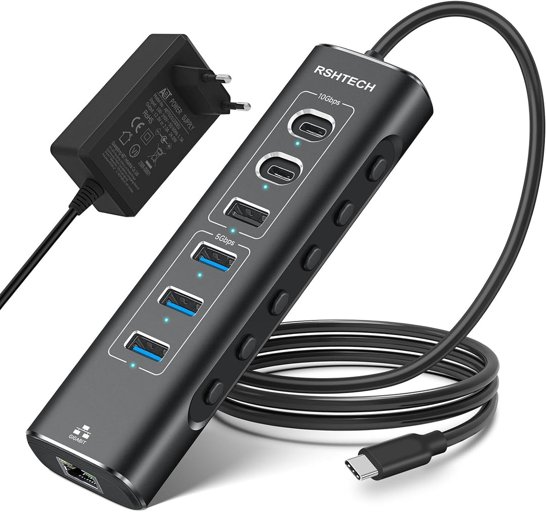 USB C 3.1 Hub Aktiv mit Netzteil, RSHTECH 7-in-1 USB C 3.2 Hub mit Ethernet Adapter, 3*10Gbps USB 3.