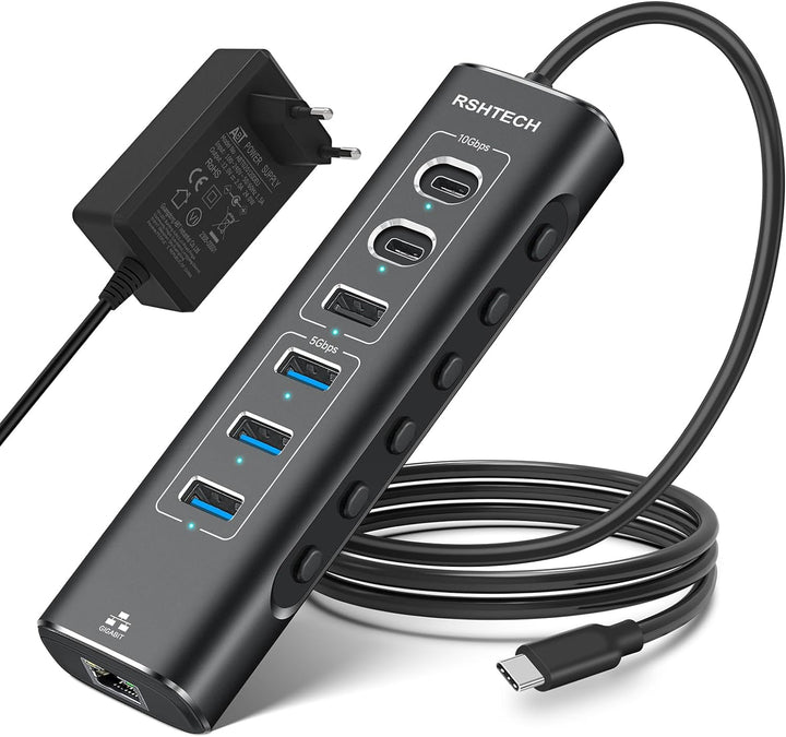 USB C 3.1 Hub Aktiv mit Netzteil, RSHTECH 7-in-1 USB C 3.2 Hub mit Ethernet Adapter, 3*10Gbps USB 3.