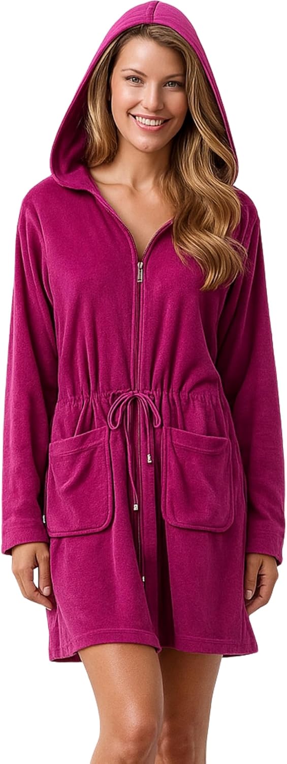 Morgenstern Bademantel Damen Reissverschluss Kapuze Frottee Leicht Kurz Emily S Beere, S Beere