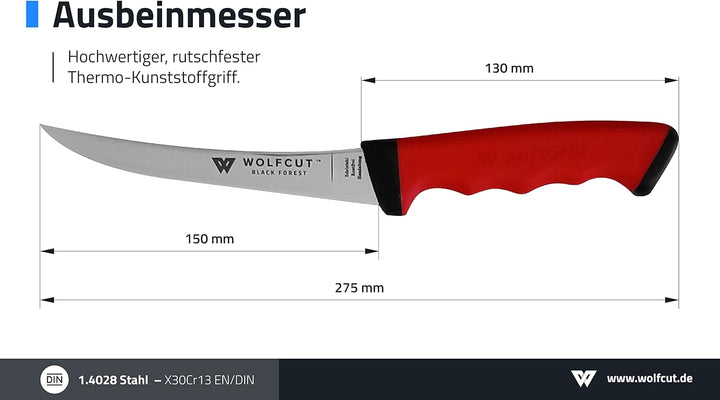 Wolfcut SoftGrip Serie - Metzgermesser-Set 6-tlg. - Ausbeinmesser13 und 15 cm, Stechmesser, Fleische