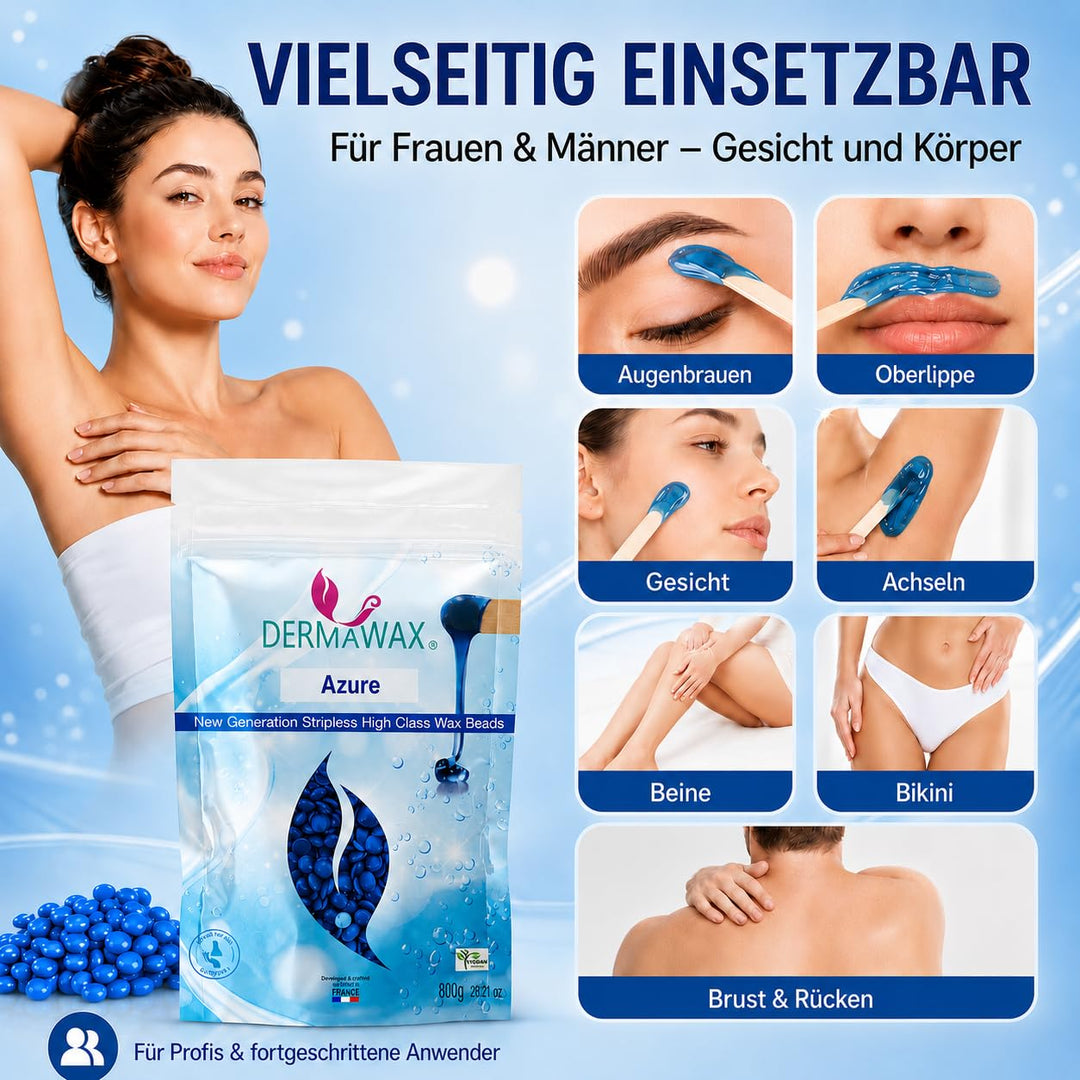 Dermawax 800 Gramm Azure Vegan Waxing Perlen zur Haarentfernung Intimbereich Bikinizone Achseln Rück