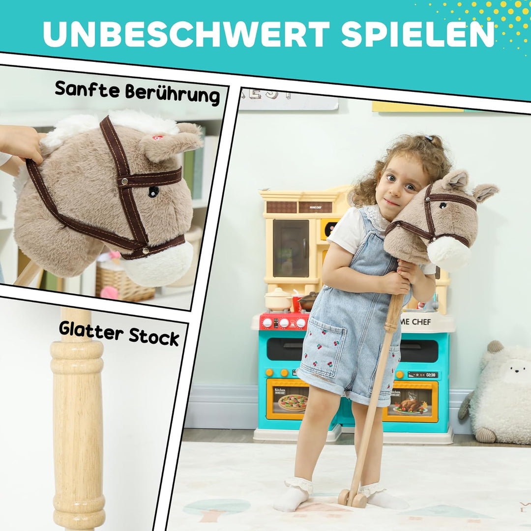 AIYAPLAY Hobby Horse Steckenpferd mit Sound, Rolle, Holzstock, Hobby Horsing aus Polyester für Kinde