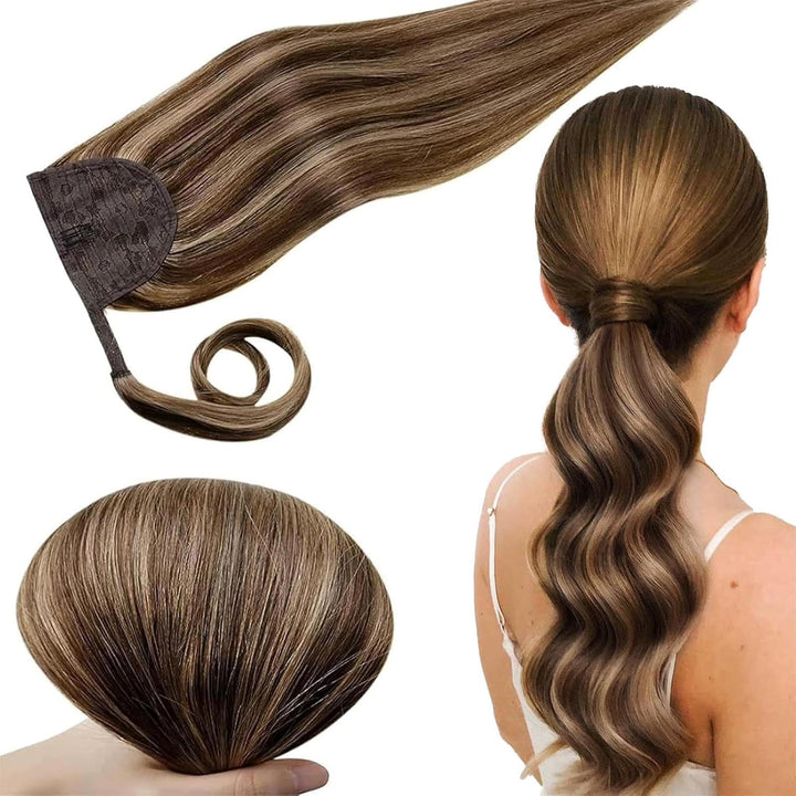 RUNATURE Clip in Ponytail Extensions Echthaar Dunkelbraun mit Dunkelblond Remy Clip in Ponytail Exte