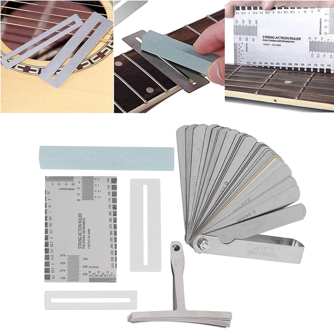 Das Gitarren-Werkzeugset mit Sander Radius Gauge String Action Lineal Griffbrettschutz eignet sich z