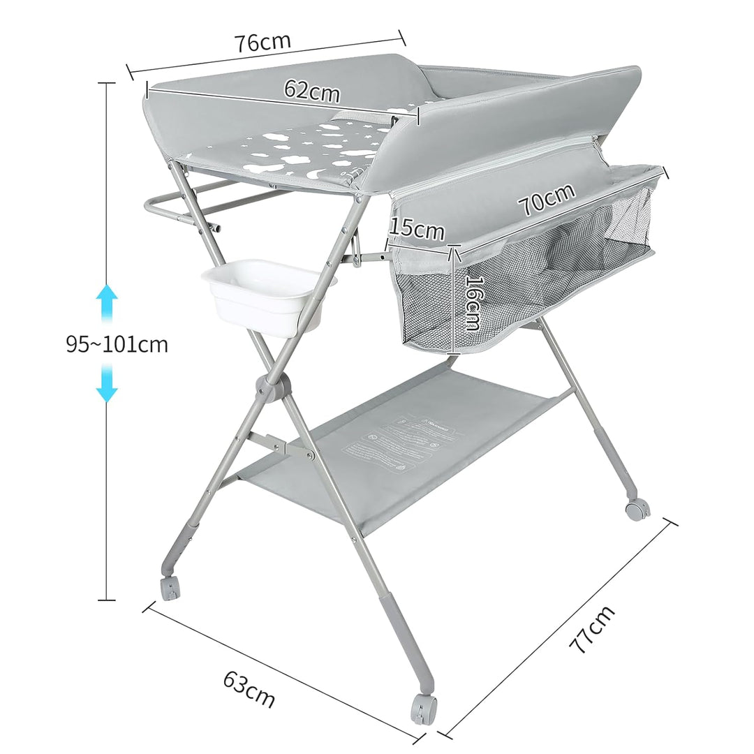 OHMG Baby Wickelkombi Klappbare Wickelkommode,Wickeltisch mit Rollen,Mobiler Wickeltisch mit Wickela