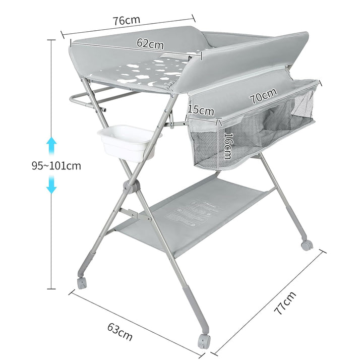 OHMG Baby Wickelkombi Klappbare Wickelkommode,Wickeltisch mit Rollen,Mobiler Wickeltisch mit Wickela
