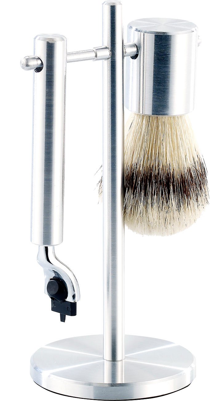 Sichler Men's Care Rasierhobel Set: Edelstahl Rasier-Set mit Pinsel und Ständer, kompatibel mit Gile