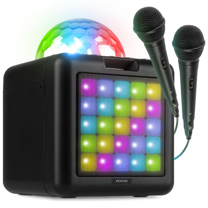 Fenton KAR15B Mobile Karaoke Maschine Kinder mit 2 Mikrofonen, Bluetooth, Akku, LED-Lichteffekte, Ec