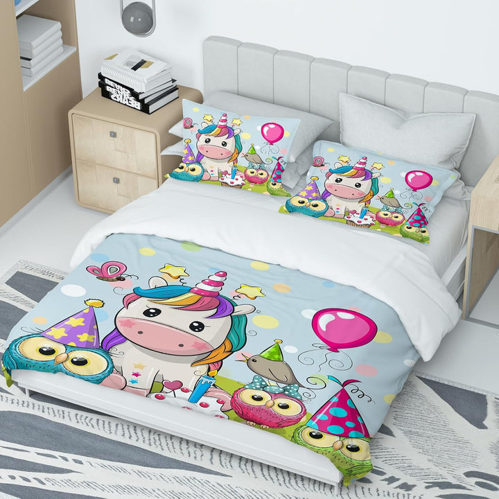 Kinder Einhorn Bettwäsche Mädchen-Bettwäsche Set Rosa 3D Cartoon Einhorn Bunt Blume drucken Bettbezu