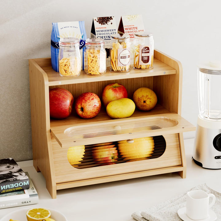 Brotkasten Bambus 2 Etagen,Gross Brotbox für Küche Brotaufbewahrung,Brot Aufbewahrungsbox mit Zusätz
