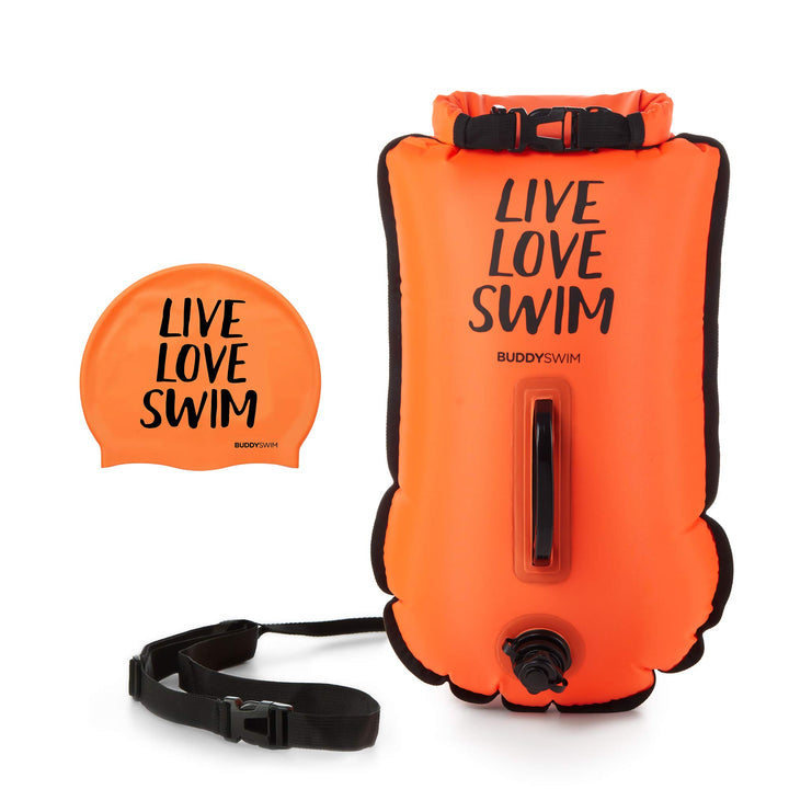 Set Freiwasser Schwimmboje 20 Liter und Badekappe. Sicherheitsschwimmboje für das Schwimmen im offen