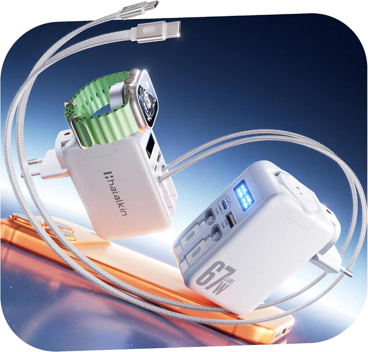 HATALKIN 67W Einziehbares Ladegerät mit Apple Watch Ladegerät,USB Ladegerät Netzteil mit Dual Typ-C